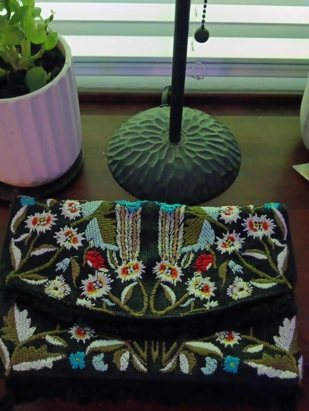 Sam Edelman Embroidered Fold-Over Clutch — Black with Multicolor Floral Accents